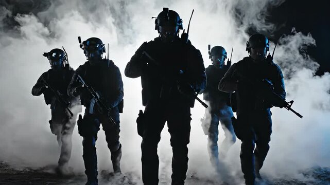 Swat team advancing through smoke in slow motion. Silhouettes of armed men in tactical gear during intense operation. Cinematic military raid sequence with dramatic fog and rifles.