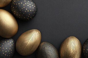 Luxurious Gold and Black Speckled Easter Eggs With Metallic Patterns On Dark Background&mdash;Elegant Holiday Decor For Easter And Spring Celebrations