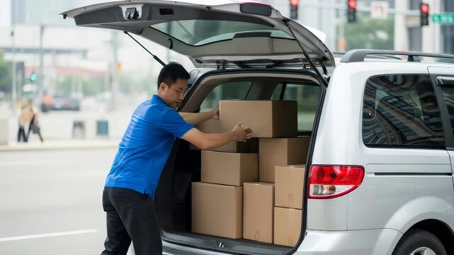 Asian delivery man loading boxes into a minivan for courier service on an urban street, global logistic concept.