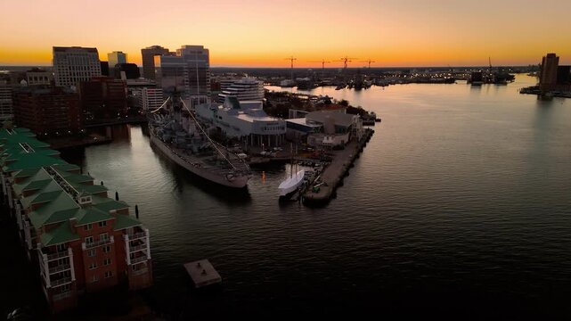Aerial sunrise over downtown Norfolk skyline and Elizabeth River waterfront, Virginia