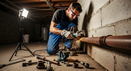 Man in blue overalls using angle grinder on metal pipe in basement, sparks flying, focused mood, plumbing repair task against concrete wall backdrop