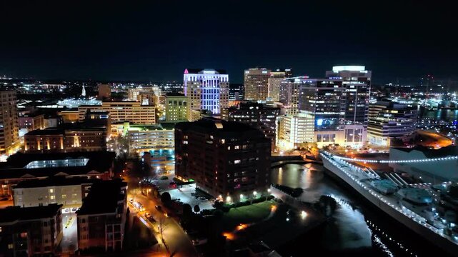 Aerial drone view of downtown Norfolk skyline at night, Virginia


