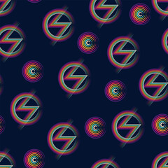 A seamless pattern of multicolored circles with the letter S symbol inscribed in a random pattern on a dark background. Vector illustration. For your designs in an abstract symbolic style.