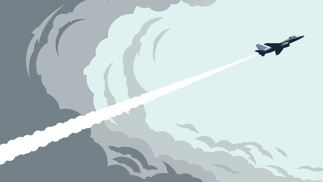 Military jet flying through stormy skies with contrail