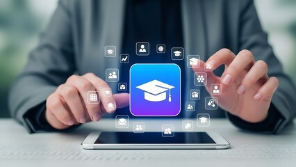E learning and online education concept with a graduation cap on a smartphone