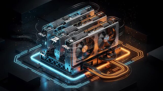 Isometric futuristic crypto‑mining rig with glowing GPU units, cooling fans, and digital energy pulses, illuminated by blue‑orange lighting with metallic textures and ambient particles.