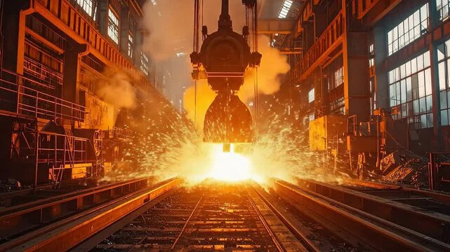Molten l being poured in a steel mill, with sparks flying and intense heat.