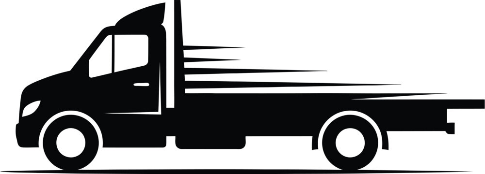 Black silhouette icon depicting a fast-moving, light-duty flatbed delivery truck in profile