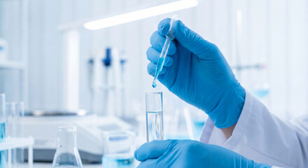 Fototapeta premium Scientist hand using pipette to drop blue liquid into test tube in laboratory