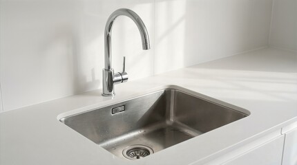 Fototapeta premium Modern stainless steel kitchen sink with sleek faucet design, set against a minimalist white countertop, showcasing contemporary plumbing and interior aesthetics