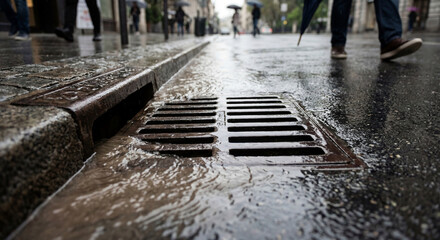 Rainwater flowing into metal storm drain on wet urban street during heavy rain