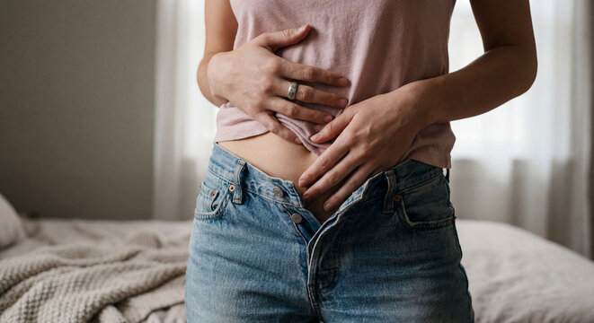 Woman touching stomach with unbuttoned jeans in bedroom