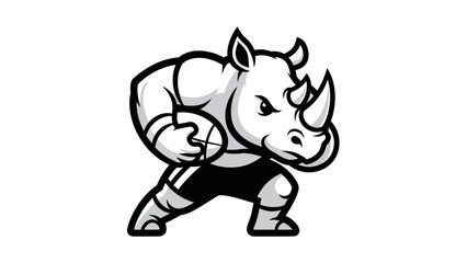 Obraz premium Rugby rhino mascot in action with a ball isolated on white background