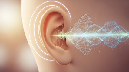 Echoes of Sound: The visual embodiment of sound waves and the human ear, conveying the intricate process of hearing and auditory perception.