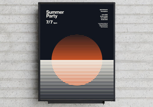 Summer Party Poster Template with Retro Stripes Ocean Sunset