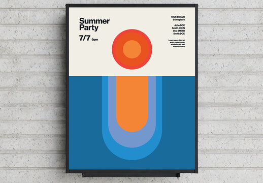 Summer Party Poster Template with Ocean Sunset Abstract Background