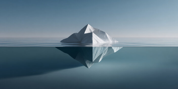 Minimalist iceberg floating in calm ocean water with clear sky and perfect reflection beneath the surface