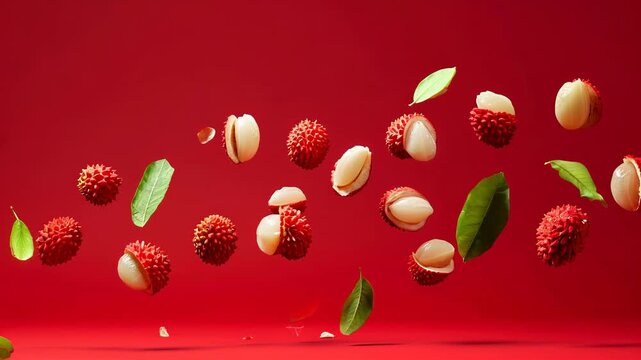A captivating display of lychee fruits and leaves suspended in mid-air, highlighting their vibrant colors and textures against a striking red backdrop, creating a visually engaging scene