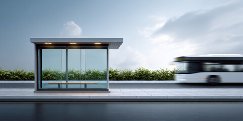 Modern glass bus stop shelter with bench on empty street and blurred white bus passing by under cloudy sky