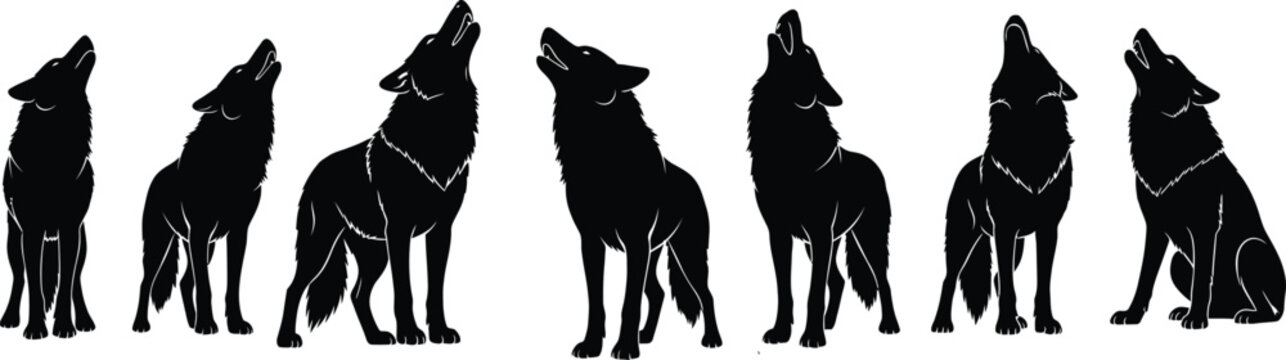Seven black wolf silhouettes standing and howling in different positions on transparent background