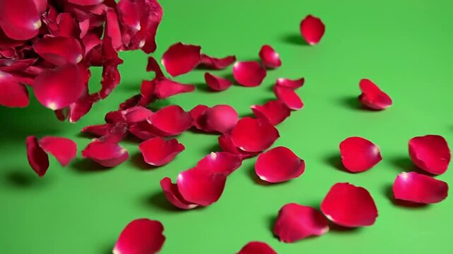 Slow-motion red rose petals drifting diagonally across green screen, clean keyable background