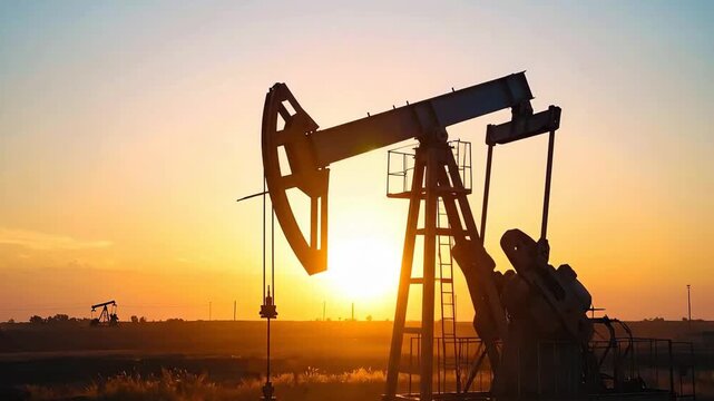 Silhouette of oil pump jacks against a vibrant sunset, symbolizing energy production.