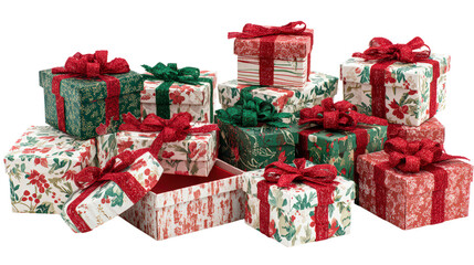 Green, red and white gift boxes tied with ribbons and bows create a festive atmosphere on neutral background in anticipation of christmas holidays