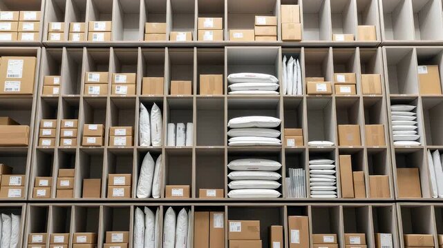 Storage shelves with packed boxes and various white packages for logistic, global shipping and warehouse organization