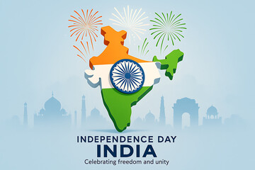 A vibrant depiction of india s independence day with fireworks shaped like the nation s map and iconic landmarks