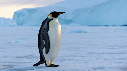Obraz premium Penguin in serene icy landscape with soft natural lighting on frozen snow for wildlife conservation