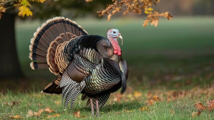 Male Wild Turkey in Display with Vibrant Plumage in Natural Autumn Lighting on Grassy Field for Wildlife Photography