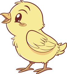 Fototapeta premium Cute yellow chick cartoon vector illustration, adorable baby bird character with a happy expression and open beak. Funny farm animal flat design for Easter, spring, or kids themes, simple graphic art.