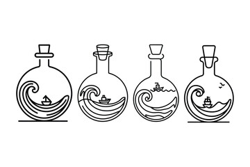 Obraz premium Small sailboats inside glass bottles with ocean wave art