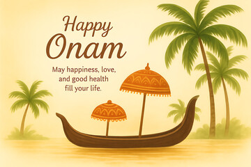 A vibrant onam greeting featuring traditional kerala boat lush palm trees and ornate umbrellas conveying wishes for joy and prosperity