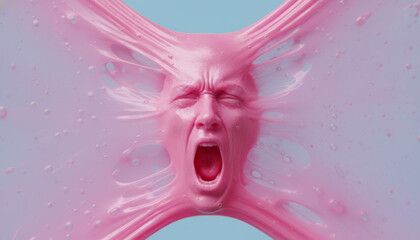 Fototapeta premium Conceptual 3d illustration of a screaming human face trapped in a stretchy pink sticky substance
