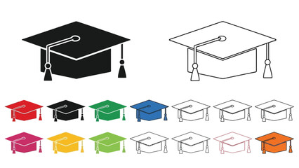 Graduation cap icons in various colors and styles for educational themes
