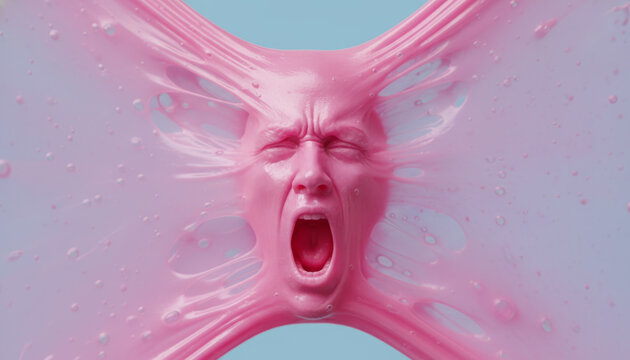 Conceptual 3d illustration of a screaming human face trapped in a stretchy pink sticky substance