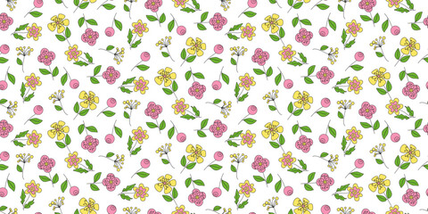 Abstract flowers. Seamless pattern. Multicolored doodles on a white background.