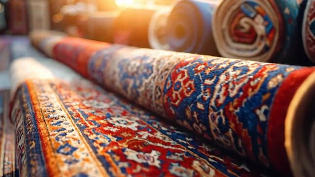 Rows of rolled carpets with intricate patterns create a vibrant and textured display.
