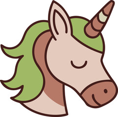 Obraz premium Unicorn head icon, cute fantasy horse with a magic horn and green mane. Simple mascot symbol for kids game or party design.