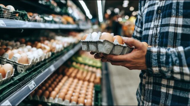 A person holds a carton of eggs in a grocery store. The eggs are a mix of brown and white. Shelves are stocked with various egg cartons in the background.