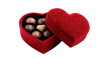 Heart shaped box of chocolate truffles with colorful sprinkles with opened lid against grey background as romantic gift for anniversary