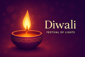 A glowing diya lamp illuminates a deep purple background signifying the vibrant spirit of the diwali festival of lights celebration