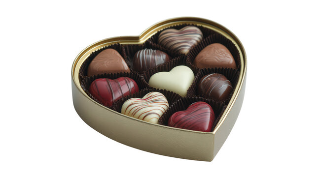Heart shaped box of assorted gourmet chocolates for valentine's day or romantic gift concept filled with dark milk white and heart shaped sweets