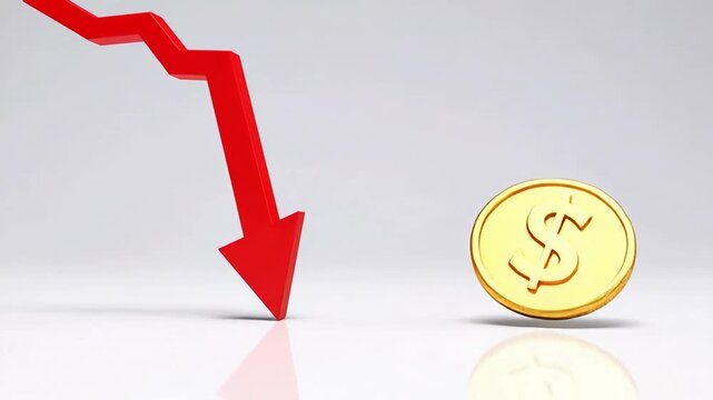 Red arrow pointing down towards a golden coin, symbolizing financial loss and economic downturn.