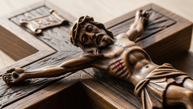 A bronze sculpture of Jesus Christ on the cross, depicting a pivotal moment in Christian faith and tradition.