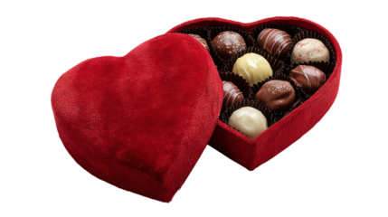 Heart shaped box of chocolates with opened lid filled with assorted milk dark and white candies romantic gift on transparent background