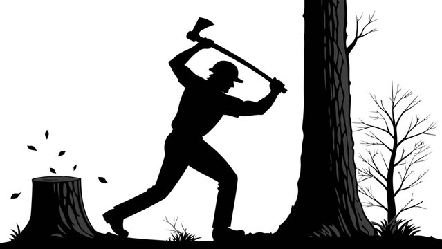 Lumberjack chopping down tree with axe in forest clearing