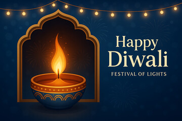 A beautifully designed diwali illustration showcases a lit diya lamp within an ornate frame complemented by warm fairy lights above
