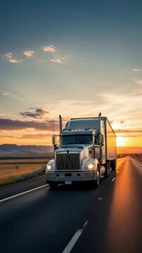 Semi trailer truck driving fast on desert highway during golden hour sunset. Long-haul commercial vehicle for cargo transportation. Vertical video